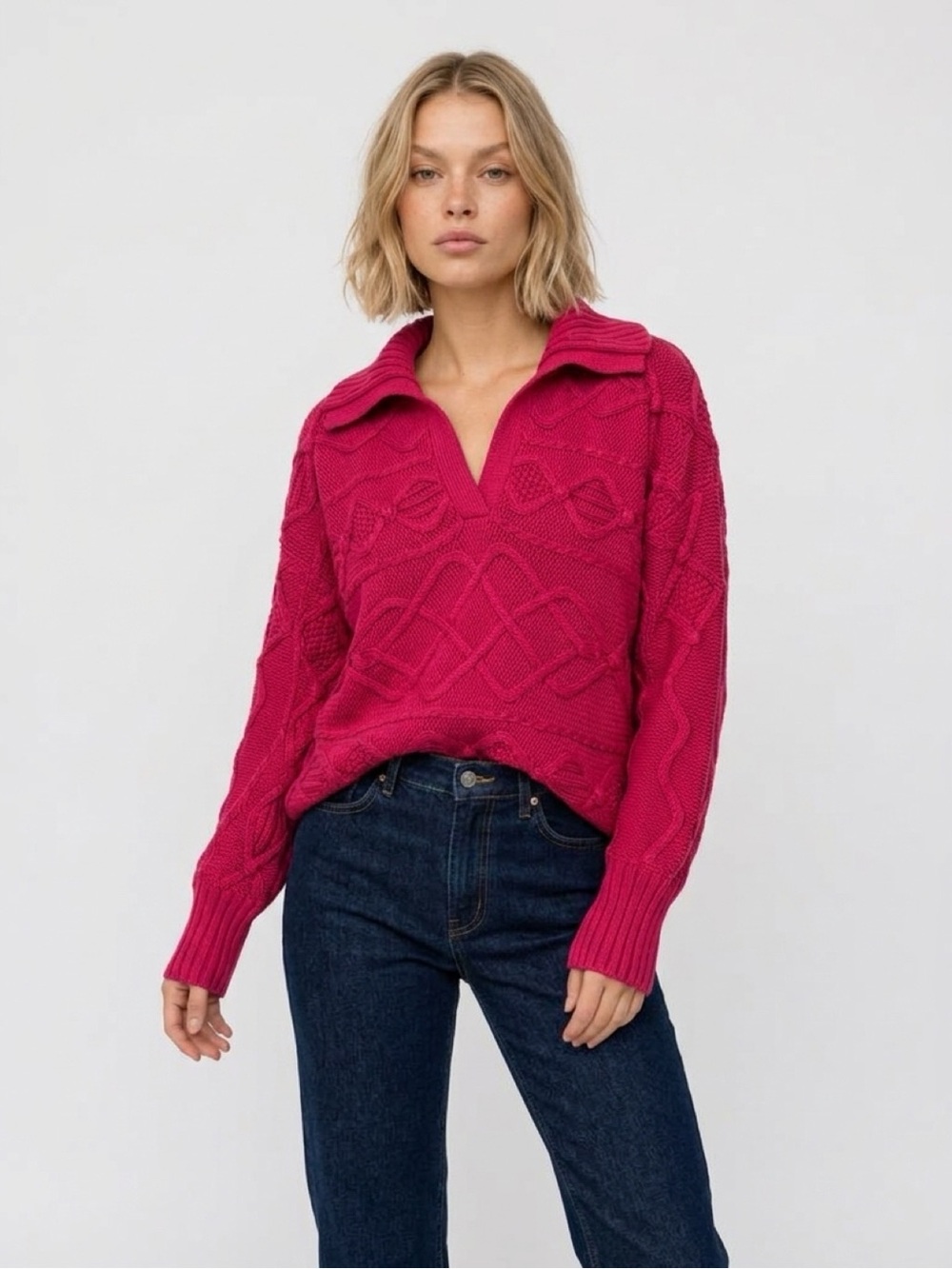 Brooks Brothers Fuchsia V-Neck Cable Knit Sweater